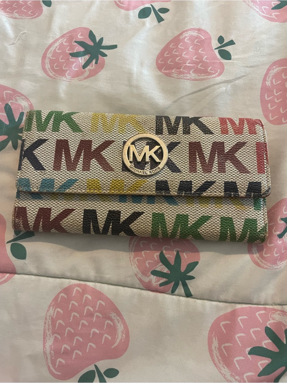 Michael Kors Beige Multicolor MK Logo Continental Wallet with Gold Hardware